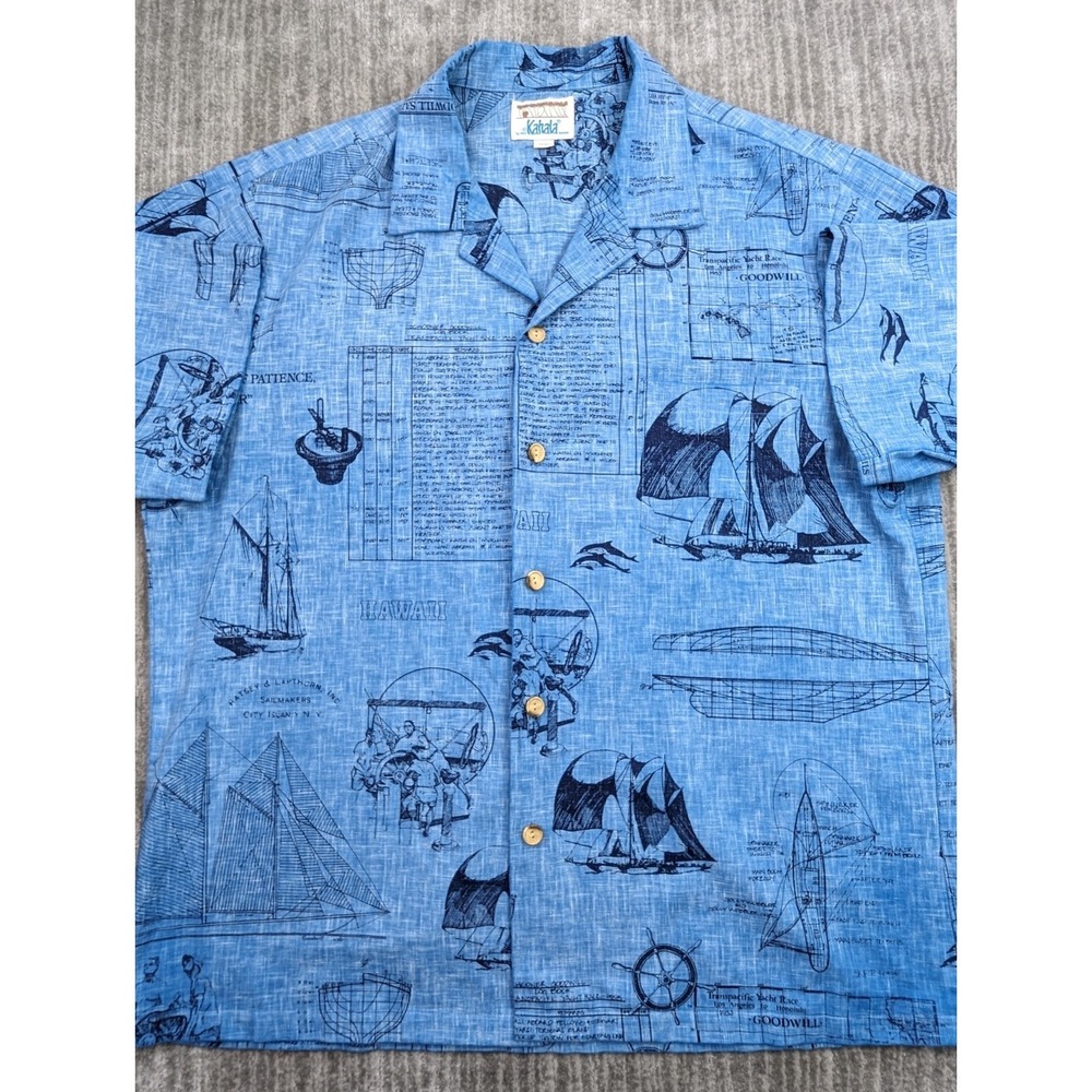 Vintage 70s Kahala HRH Hawaiian Yacht Print Blue Shirt Mens XL L Made in Hawaii